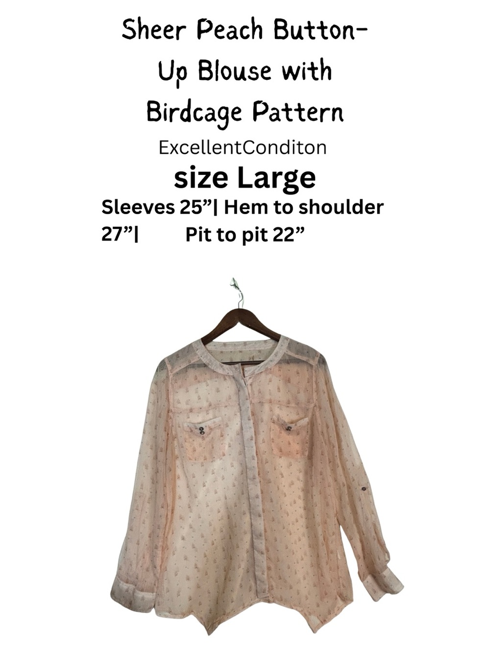 Sheer Peach Birdcage Print Button Front Blouse Women’s Large